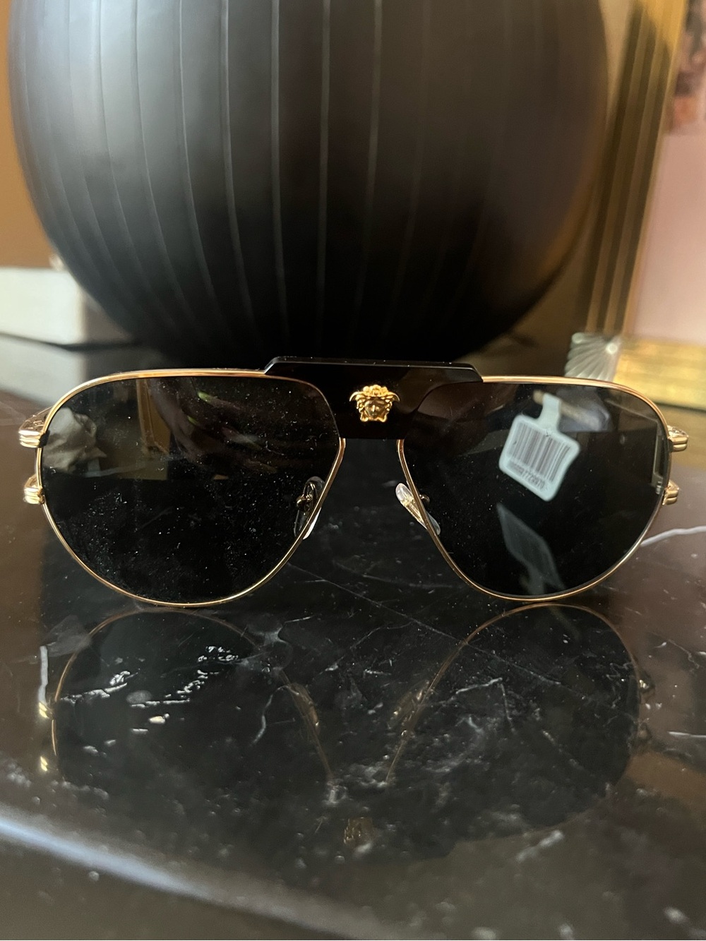 Versace Gold Frame Black Lens Aviator Sunglasses with Medusa Accent